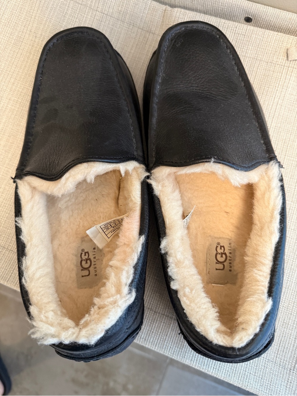UGG Men's Black Leather Shearling-Lined Slip-Ons